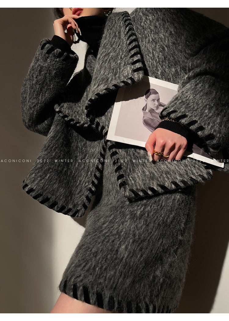 Aconiconi|Gray long hair fall winter wool short coat/skirt - Haizhou