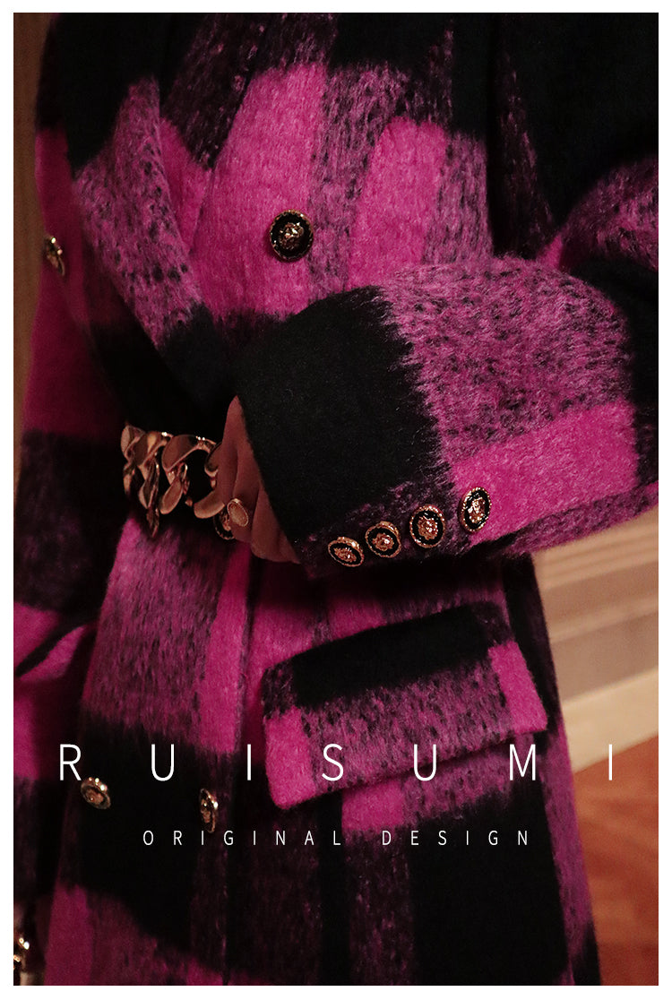 Winter New Design Sense Contrasting Pink Black Plaid Retro Wool Coat Double-breasted Long Coat- Cochela