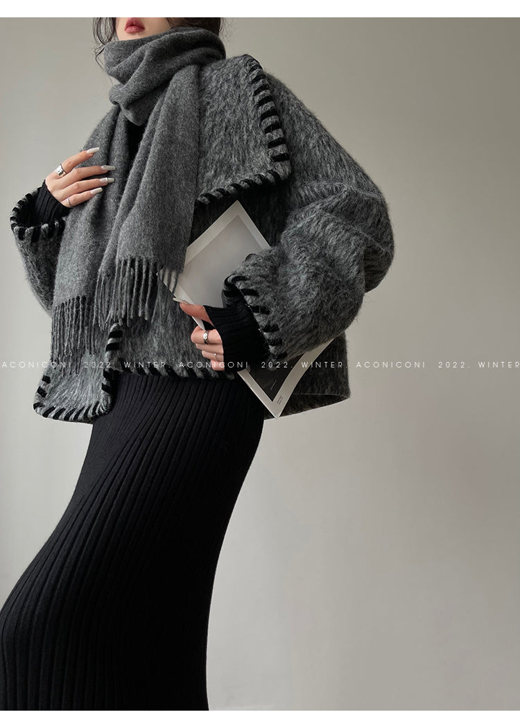 Aconiconi|Gray long hair fall winter wool short coat/skirt - Haizhou