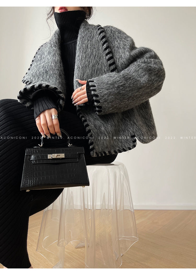 Aconiconi|Gray long hair fall winter wool short coat/skirt - Haizhou