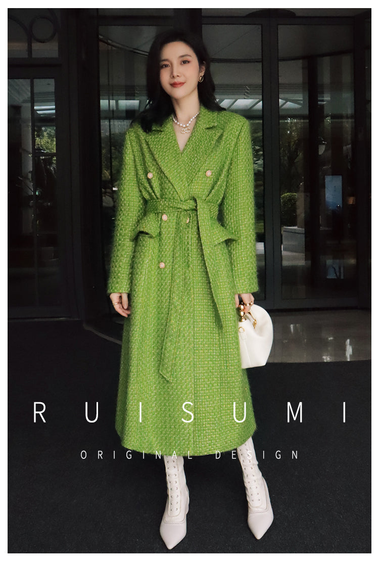 Elegant French style autumn and winter new high-end custom light luxury gold and silver silk small fragrant wind coat green fashionable woolen coat