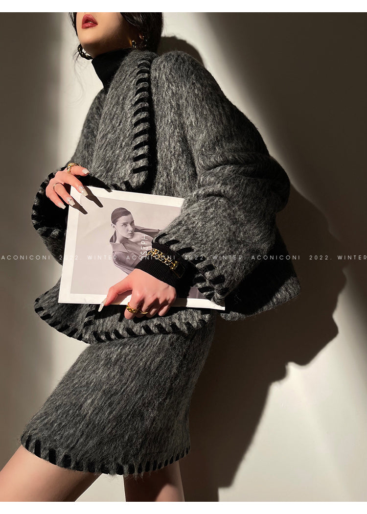 Aconiconi|Gray long hair fall winter wool short coat/skirt - Haizhou