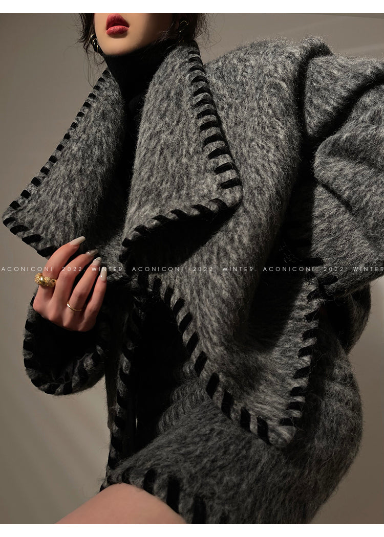 Aconiconi|Gray long hair fall winter wool short coat/skirt - Haizhou