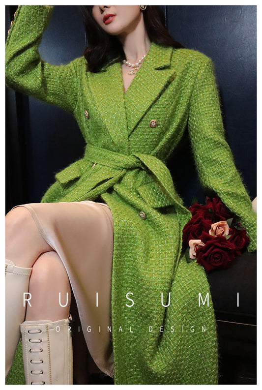 Elegant French style autumn and winter new high-end custom light luxury gold and silver silk small fragrant wind coat green fashionable woolen coat