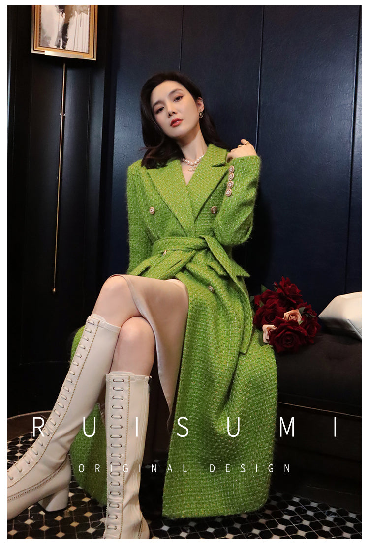 Elegant French style autumn and winter new high-end custom light luxury gold and silver silk small fragrant wind coat green fashionable woolen coat