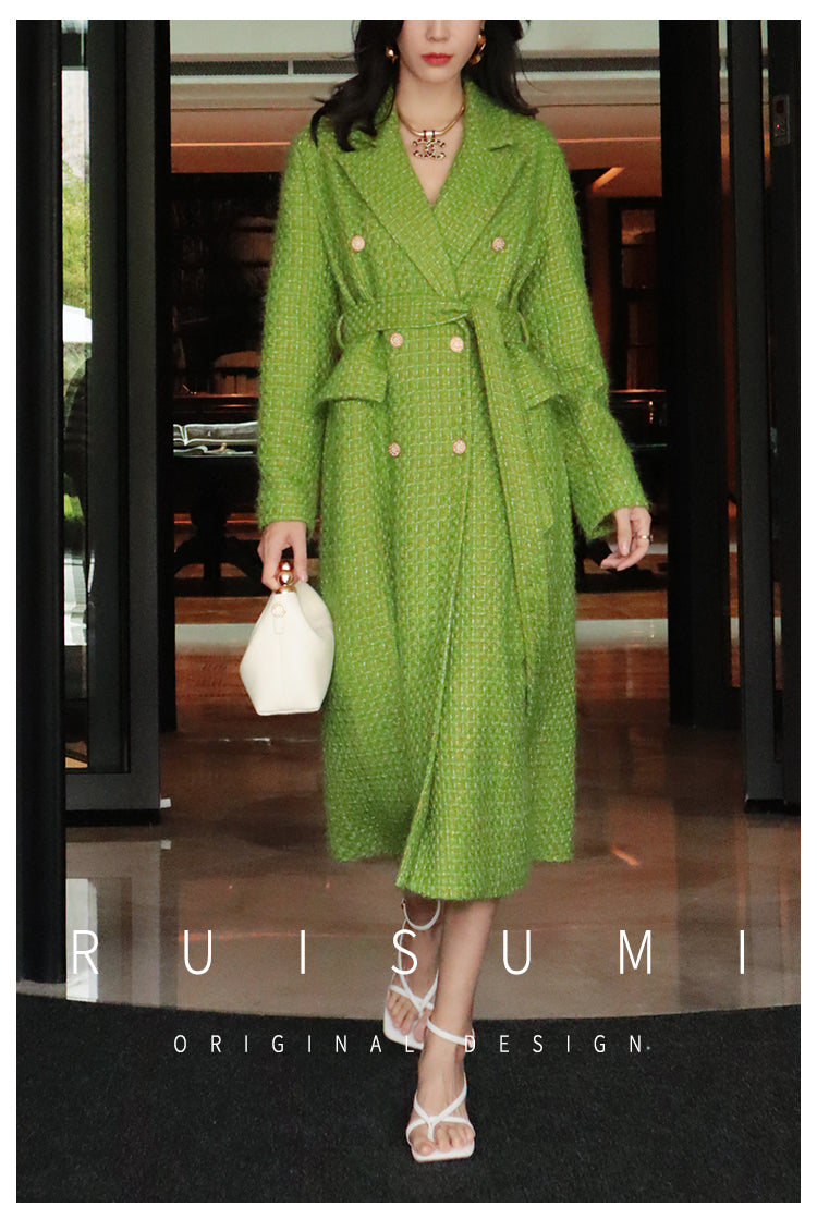 Elegant French style autumn and winter new high-end custom light luxury gold and silver silk small fragrant wind coat green fashionable woolen coat