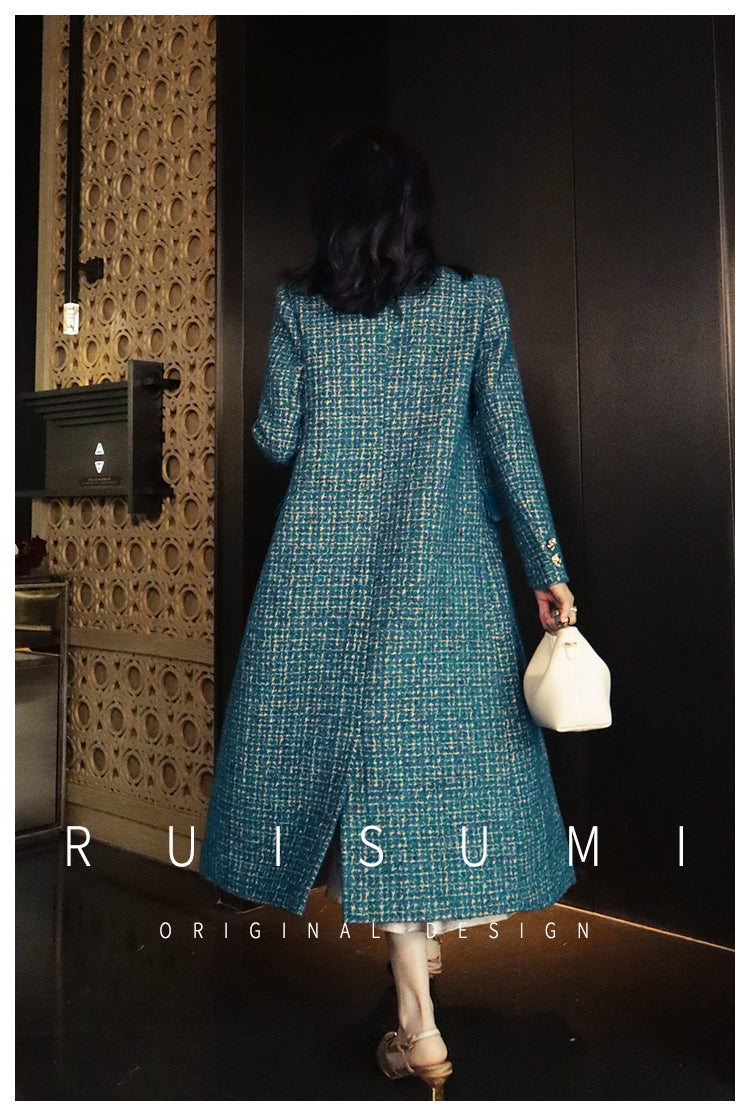 Lady's luxury high-end retro big peacock blue splicing bright silk design wool long coat- Jessy