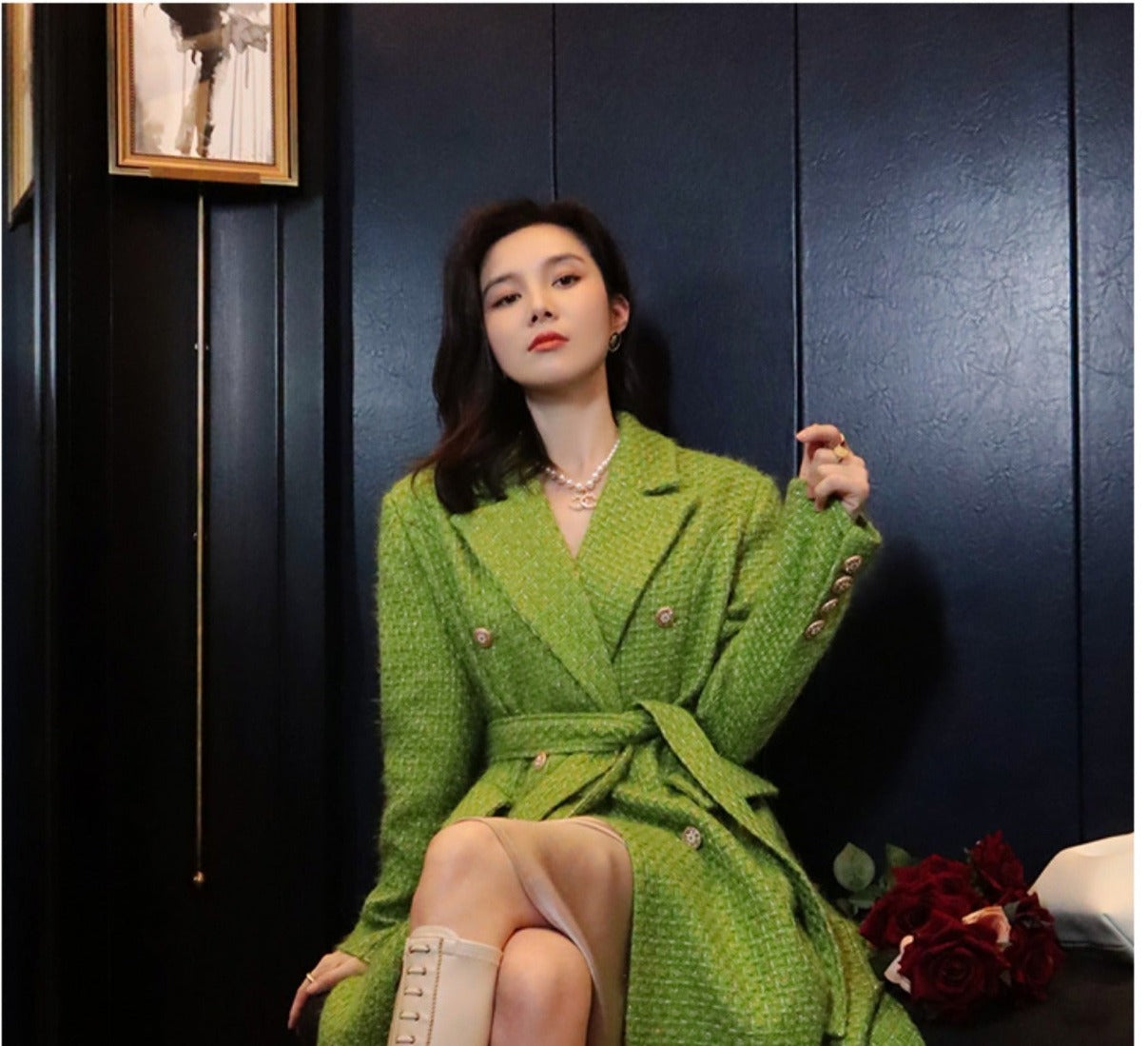 Elegant French style autumn and winter new high-end custom light luxury gold and silver silk small fragrant wind coat green fashionable woolen coat
