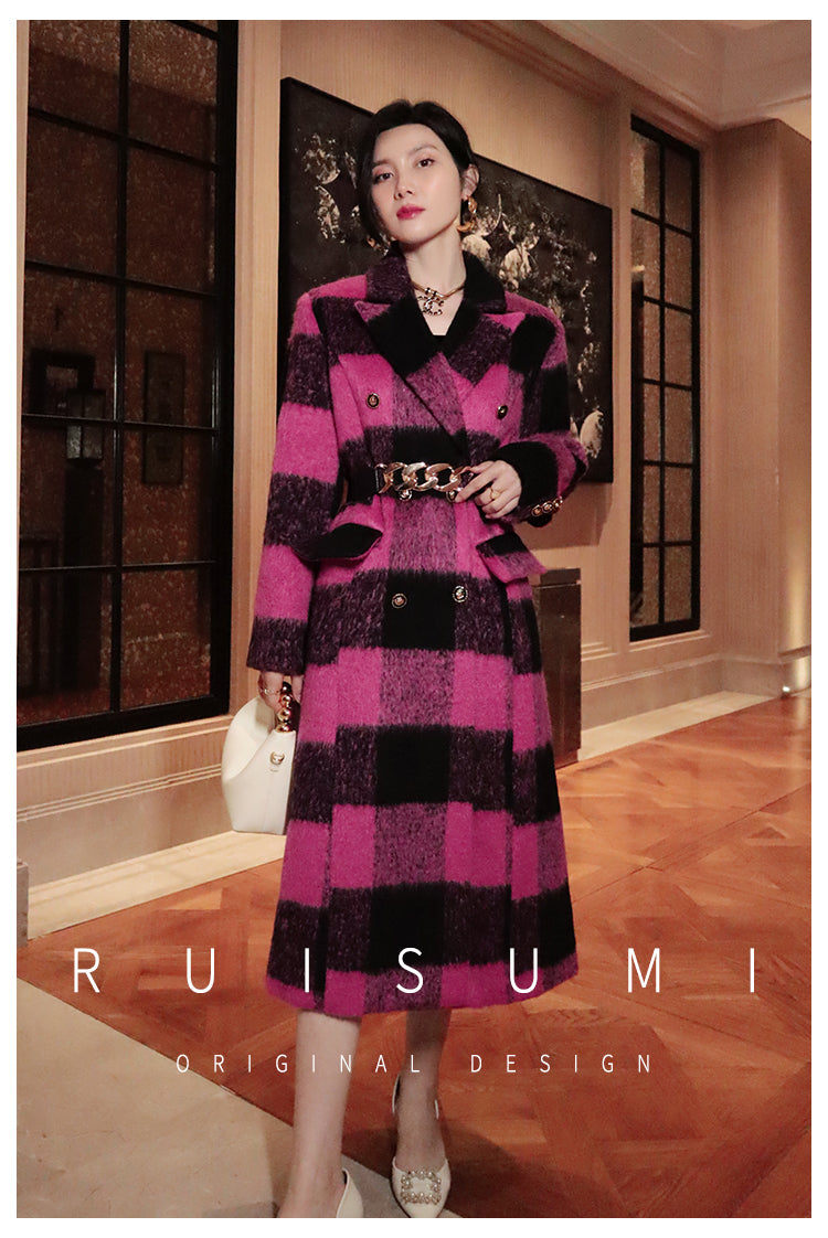Winter New Design Sense Contrasting Pink Black Plaid Retro Wool Coat Double-breasted Long Coat- Cochela