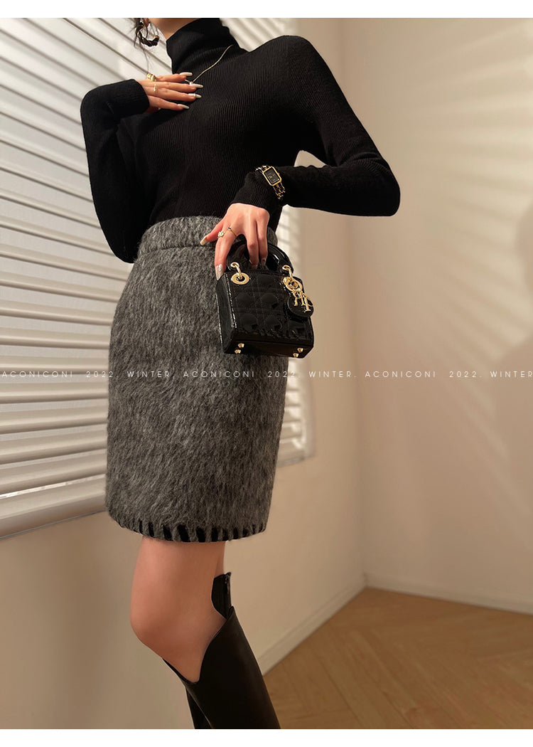 Aconiconi｜Gray long hair fall winter wool short coat/skirt - Haizhou