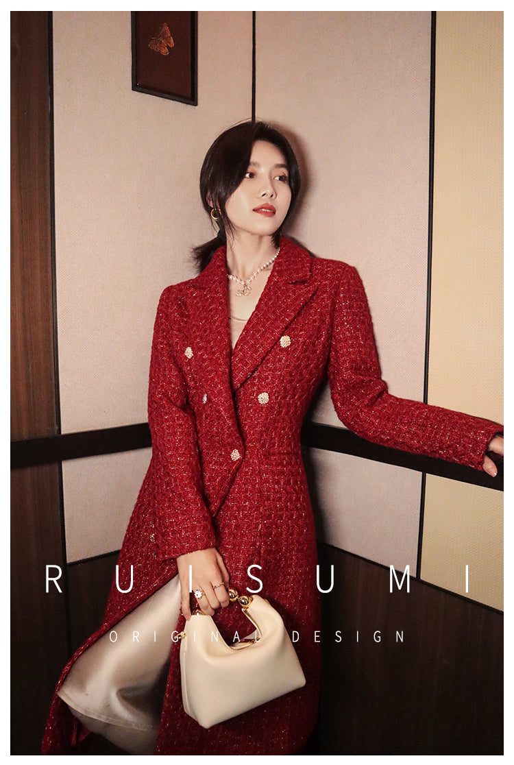 French retro wine red elegant modern bright light luxury waist modern mid-length coat jacket= Dora