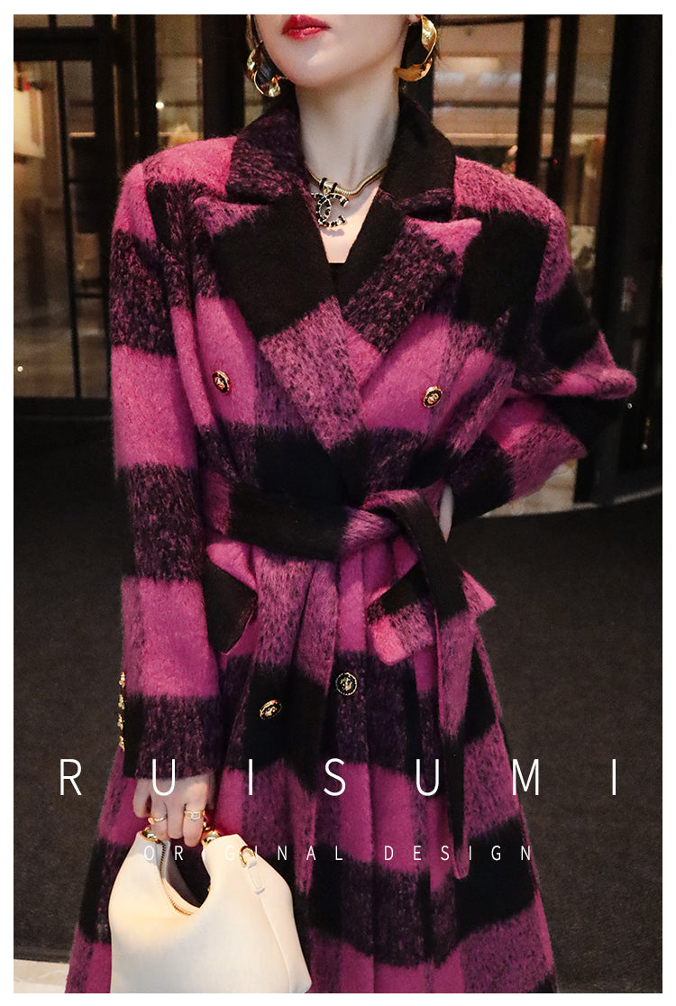 Winter New Design Sense Contrasting Pink Black Plaid Retro Wool Coat Double-breasted Long Coat- Cochela