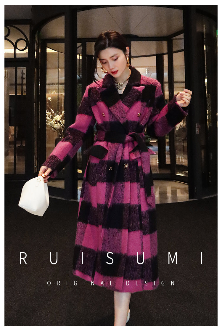 Winter New Design Sense Contrasting Pink Black Plaid Retro Wool Coat Double-breasted Long Coat- Cochela