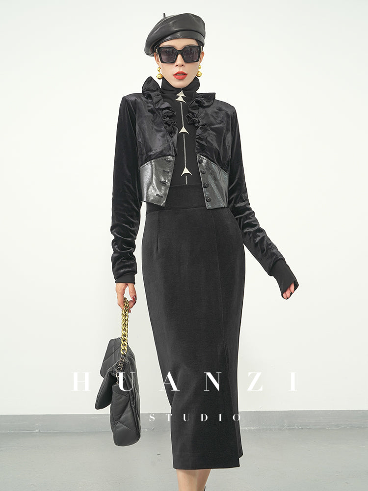Huanzi new French velvet fashionable high waist slim and small slit skirt female- Elvin