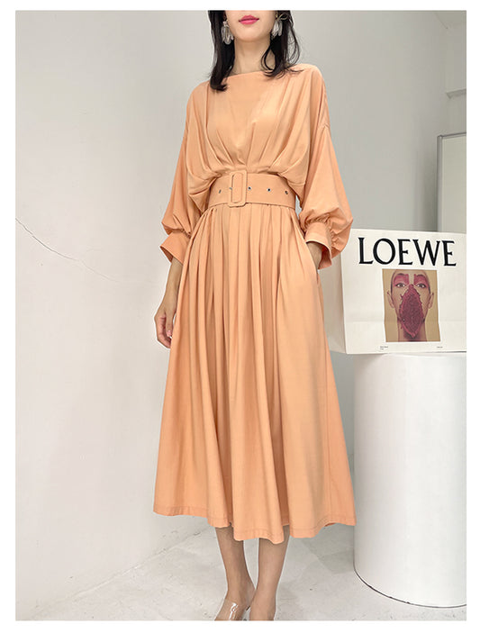 French elegant bat sleeve pleated waist midi loose swing dress - Kweai