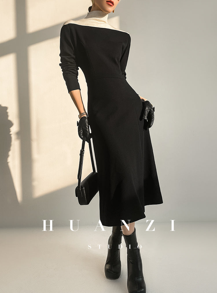 Huanzi new elegant classic black high turtle neck dress - Kios