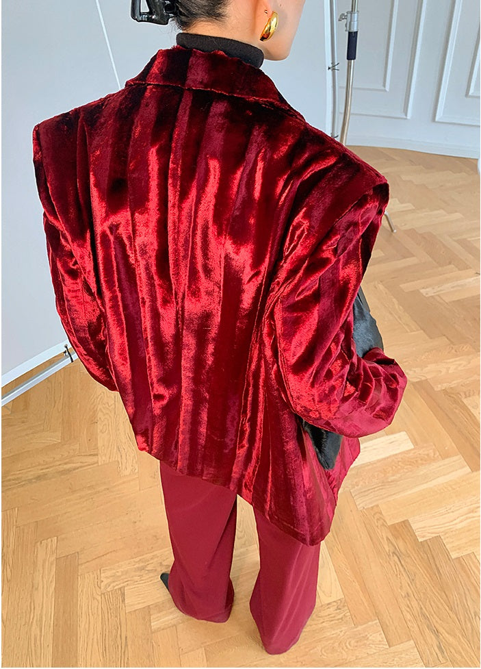 WANXO wine red acetate velvet suit jacket new high-end silhouette coat- Serena
