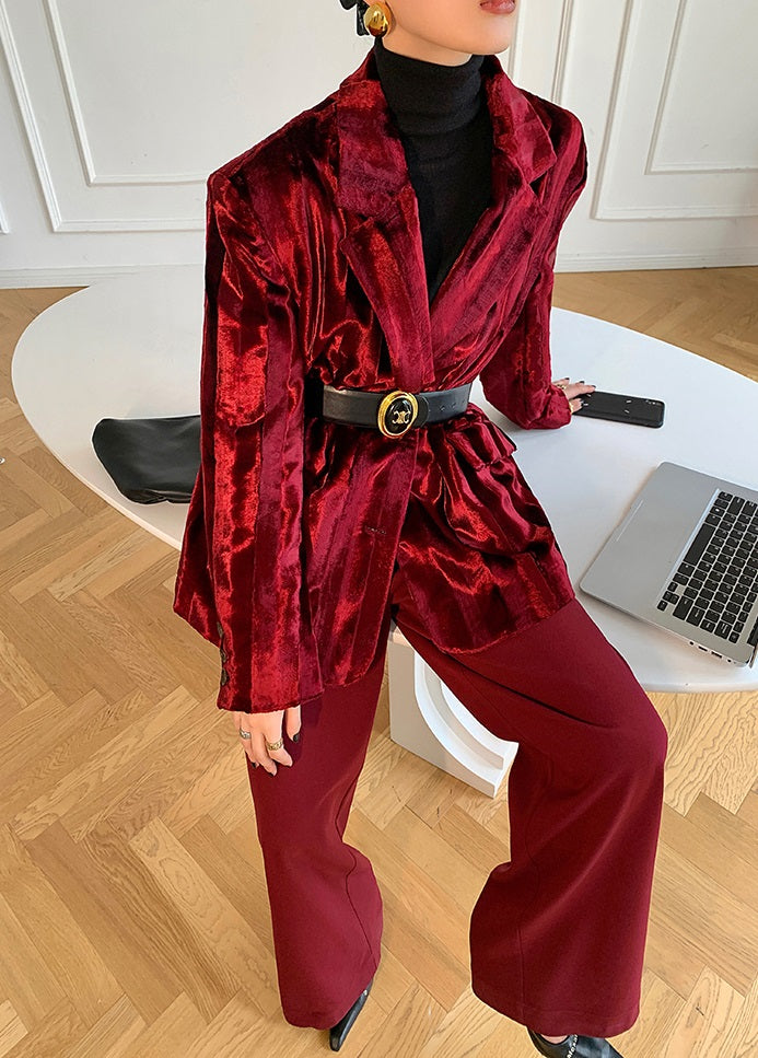 WANXO wine red acetate velvet suit jacket new high-end silhouette coat- Serena