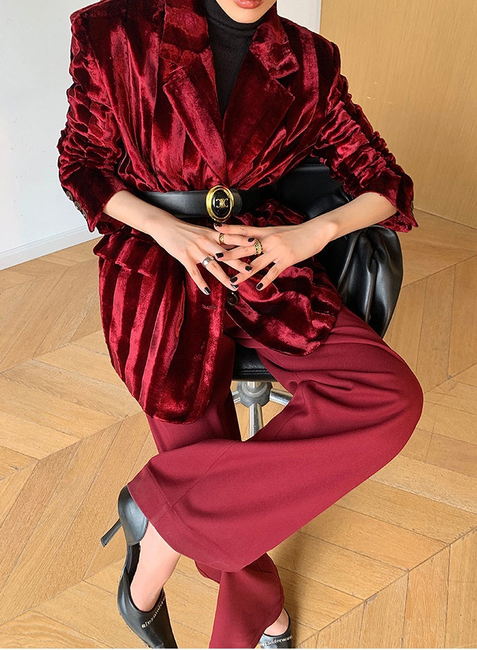 WANXO wine red acetate velvet suit jacket new high-end silhouette coat- Serena