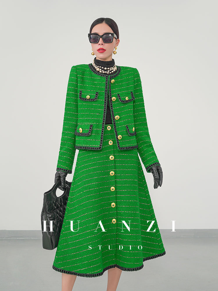 Huanzi tweed wool small suit autumn and winter new green short coat suit set- Lilibeth