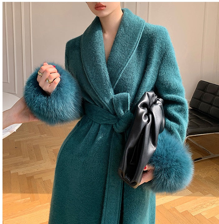 WANXO vegann fur waist tie woolen coat new fashion medium and long woolen coat- Katy