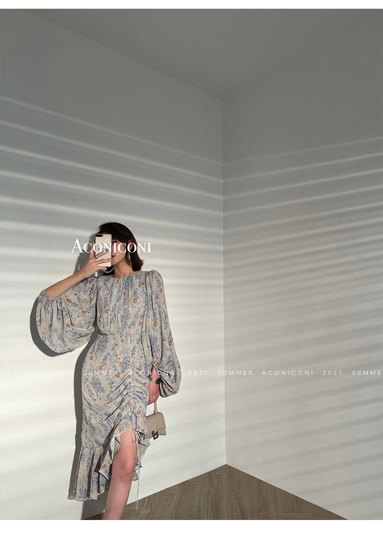 Aconiconi|high-end French tea floral printed elegant lantern sleeve midi dress - Nila