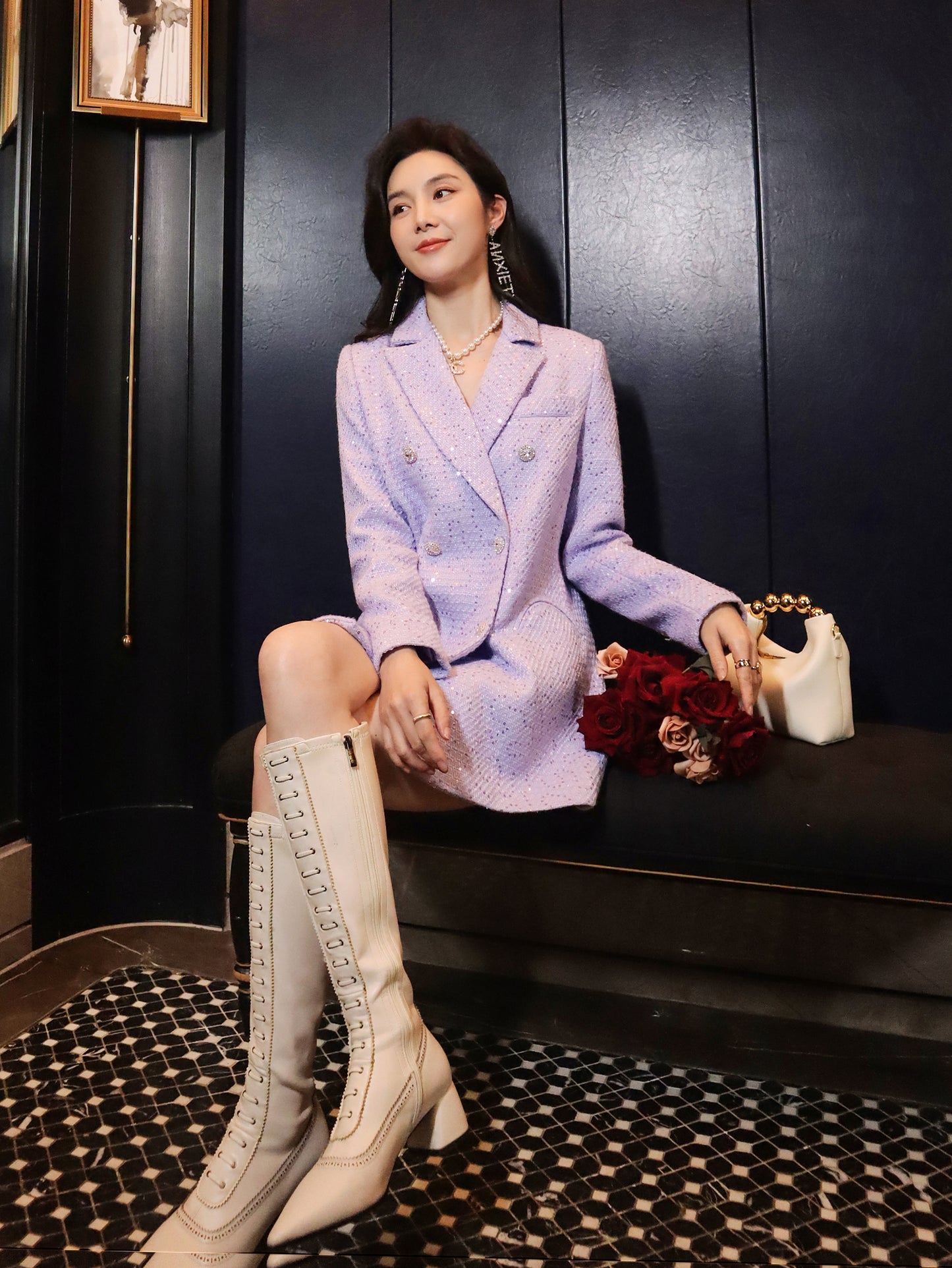 French elegant light luxury socialite high-end custom small fragrance purple sequin suit collar gentle suit jacket - Malu