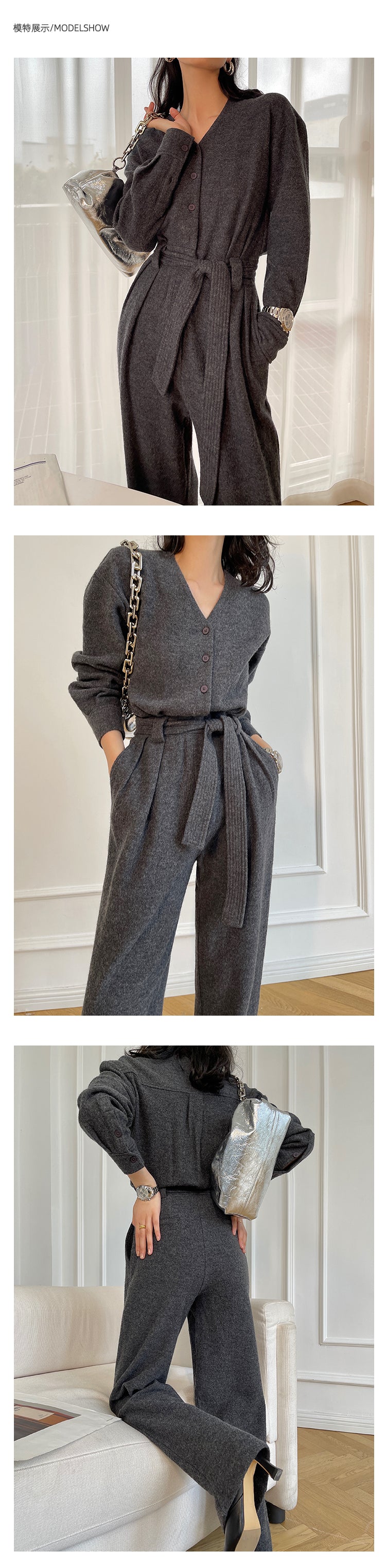 V-neck knitted wool drape wide-leg trouser jumpsuit - Mopai
