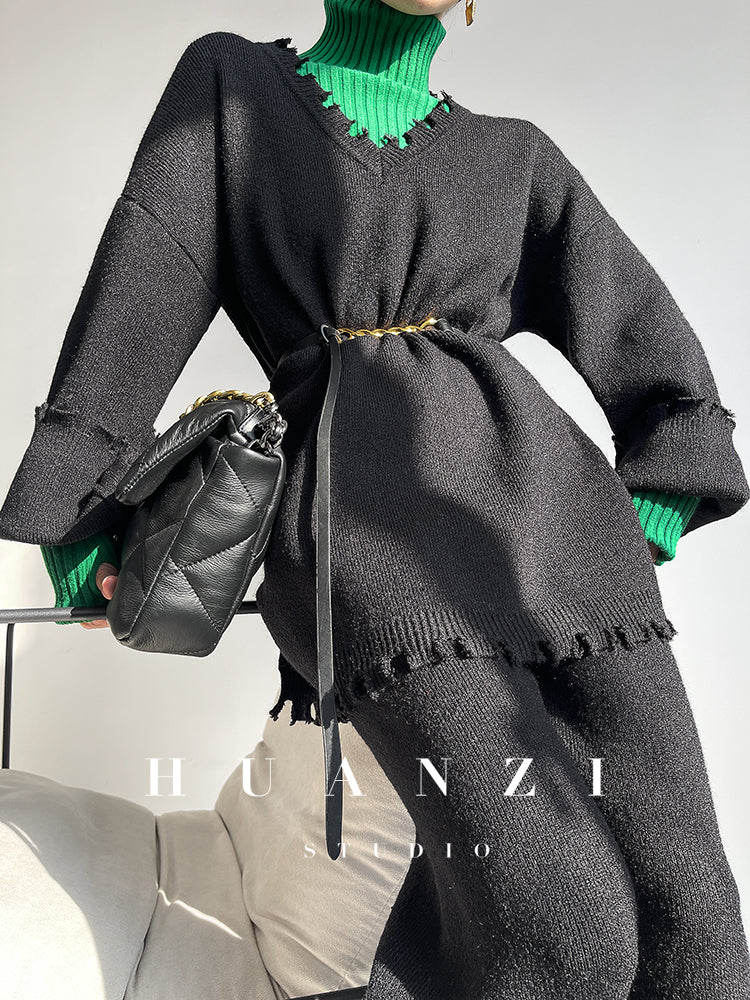 High end pile collar knitted turtleneck sweater -Sulia Painting Green
