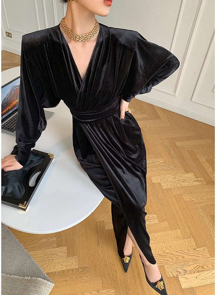 Brown WANXO French red pleated velvet dress new gold-like waist bottoming skirt- Winny