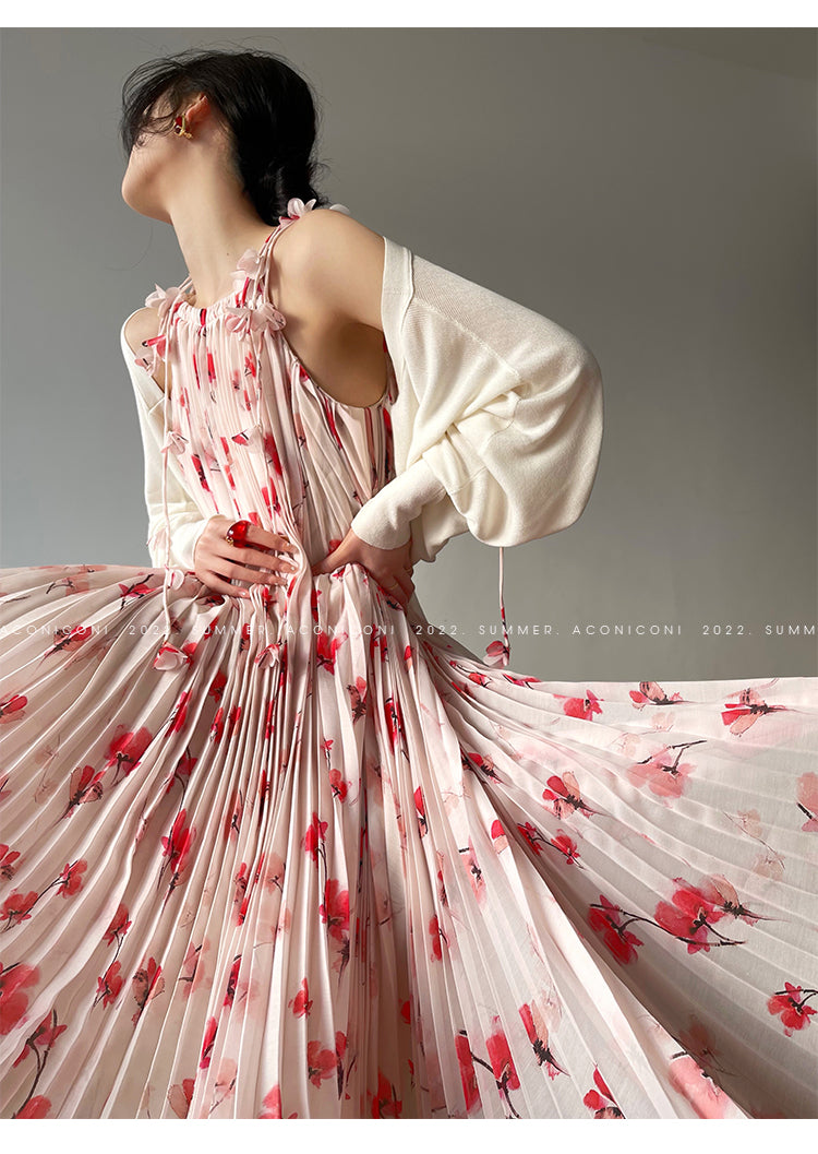 Aconiconi|Flower heavy pleated French romantic vacation style loose sling midi dress - chimes
