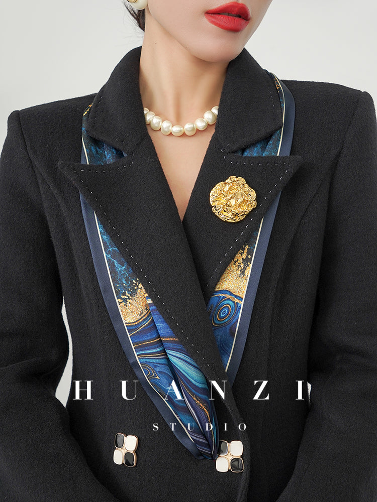 Huanzi custom double-sided cashmere coat women's black woolen coat fishtail slim fit and thin- Baty