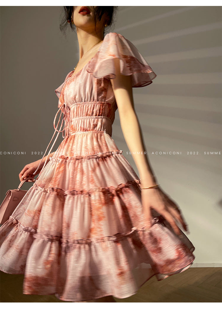 Aconiconi|Fireworks French Print High end Design flowy floral Dress - Atami