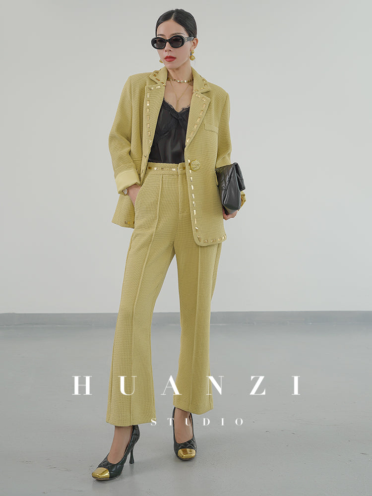 Huanzi new handmade micro-wide suit jacket with back slit straight-leg micro-launched trousers suit set- Emera
