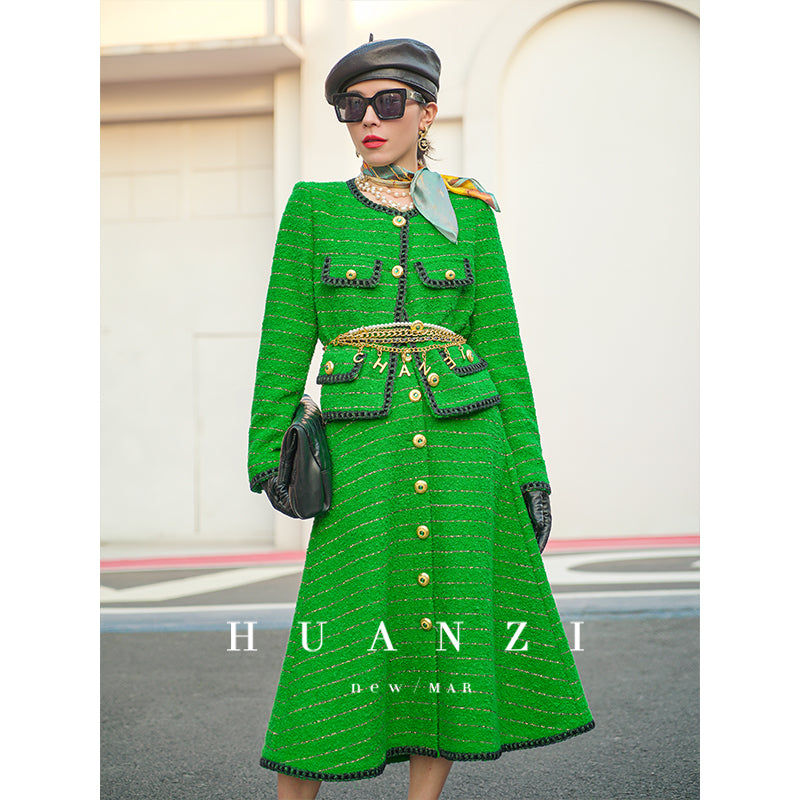 Huanzi tweed wool small suit autumn and winter new green short coat suit set- Lilibeth