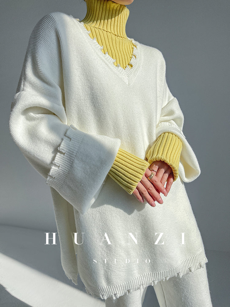 High end pile collar knitted turtleneck sweater -Sulia Cream butter