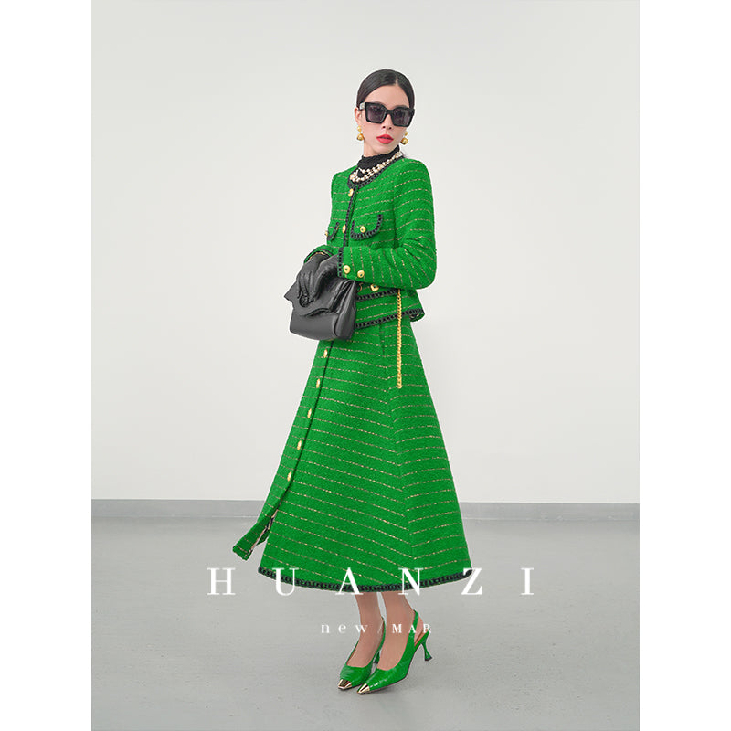 Huanzi tweed wool small suit autumn and winter new green short coat suit set- Lilibeth