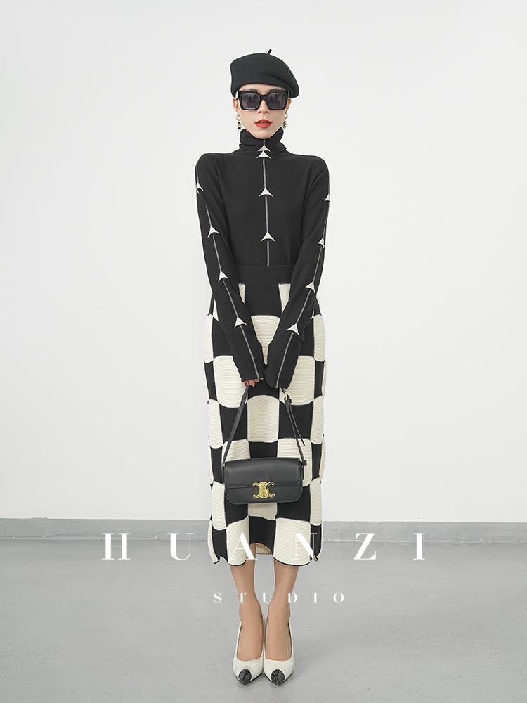Huanzi classic black and white checkerboard high waist slim knitted fishtail skirt for women- Tiloa