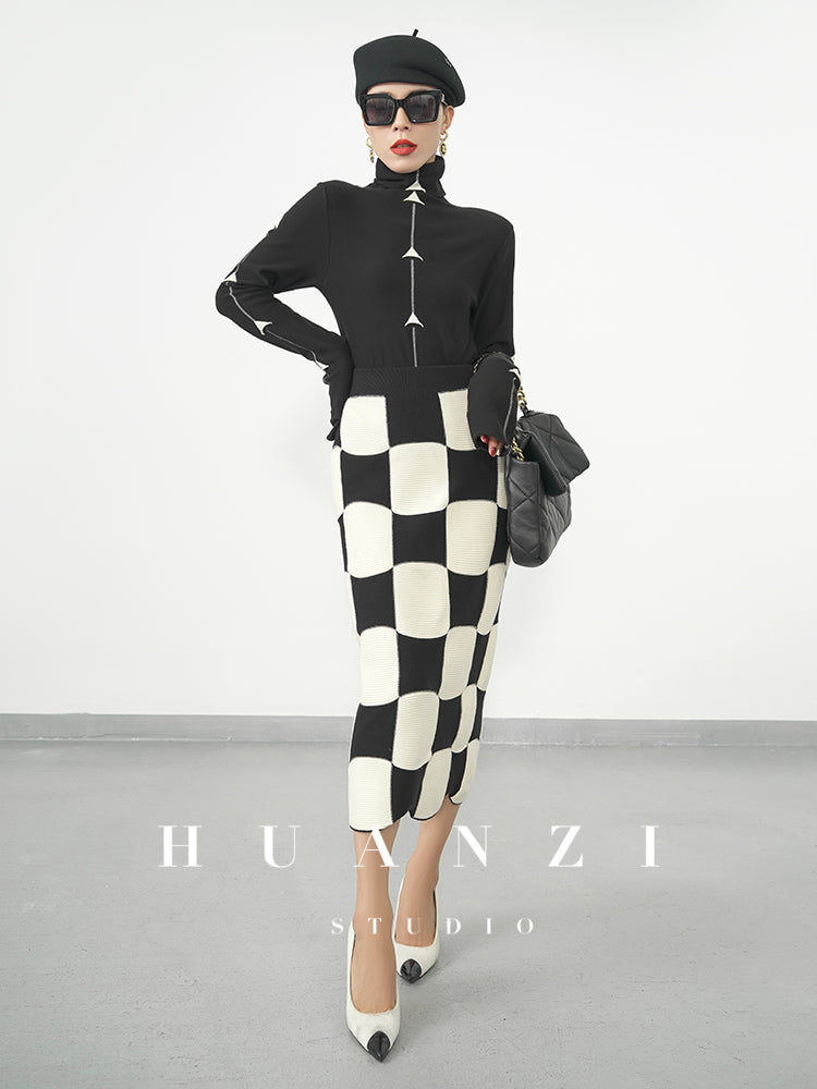 Huanzi classic black and white checkerboard high waist slim knitted fishtail skirt for women- Tiloa