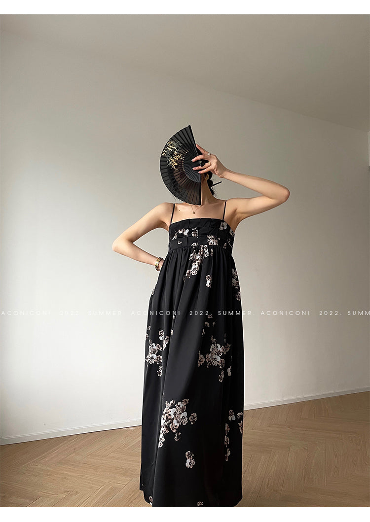 Aconiconi|Luxury French japanese retro print tube top suspender loose dress - Kimiko