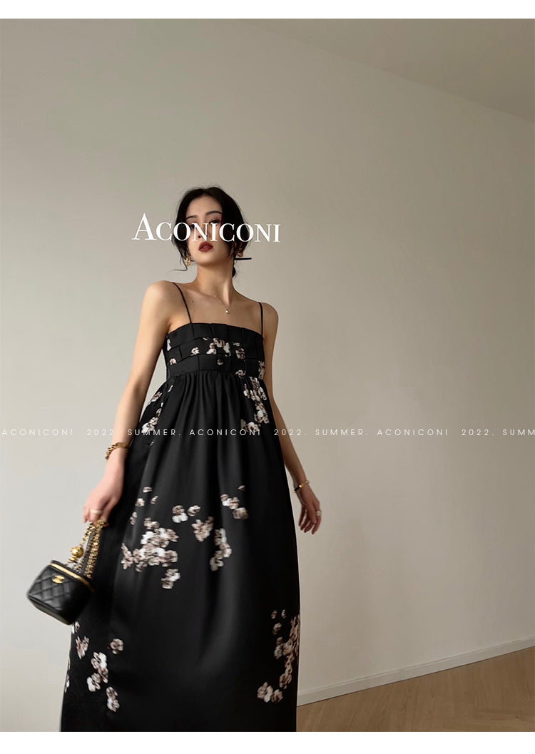 Aconiconi|Luxury French japanese retro print tube top suspender loose dress - Kimiko