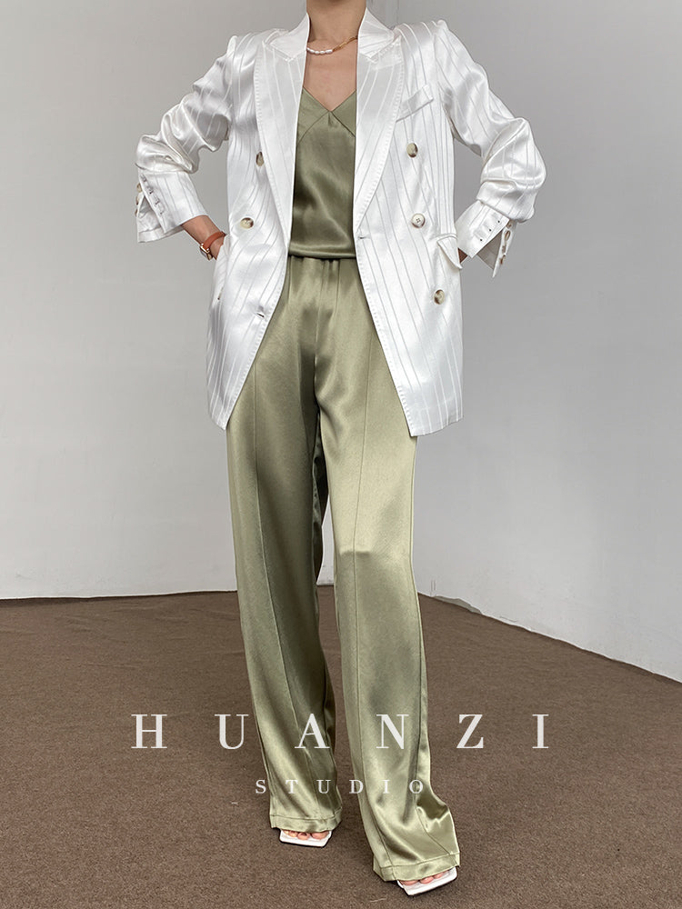 Huanzi high end tri-acetic satin drape high-end suit white silk blazer suit -Bioba