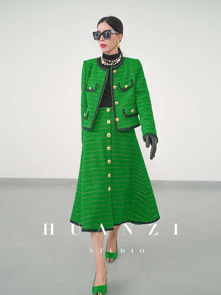 Huanzi tweed wool small suit autumn and winter new green short coat suit set- Lilibeth