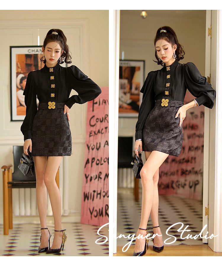 Black gold buttons embroidered beaded bow long-sleeved dress- Otia