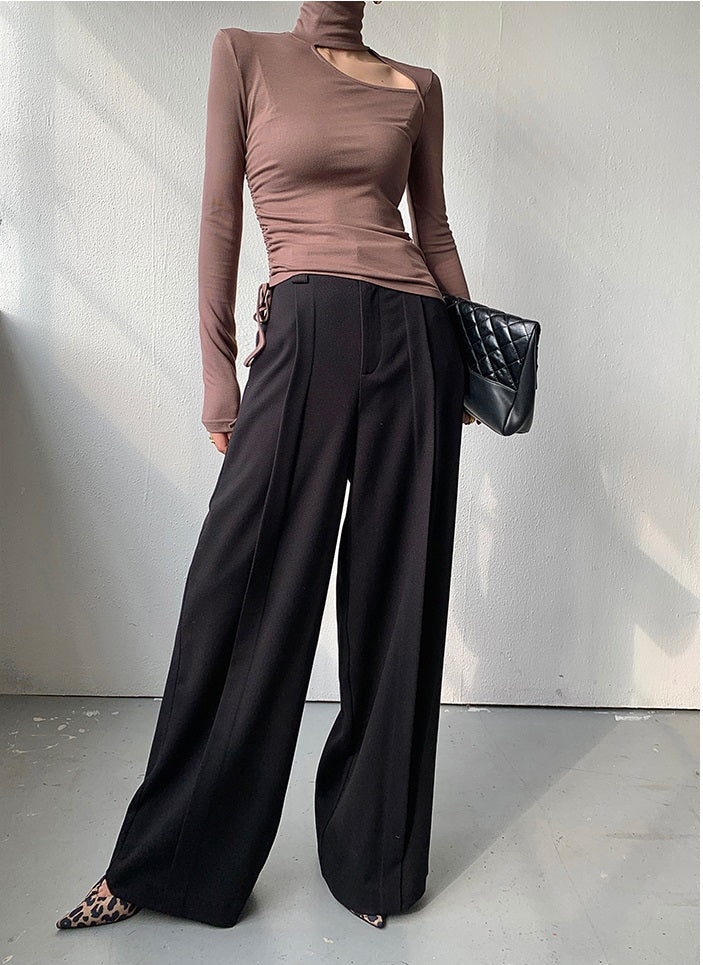WANXO camel high waist drooping casual pants new straight loose wide leg pants- Tela