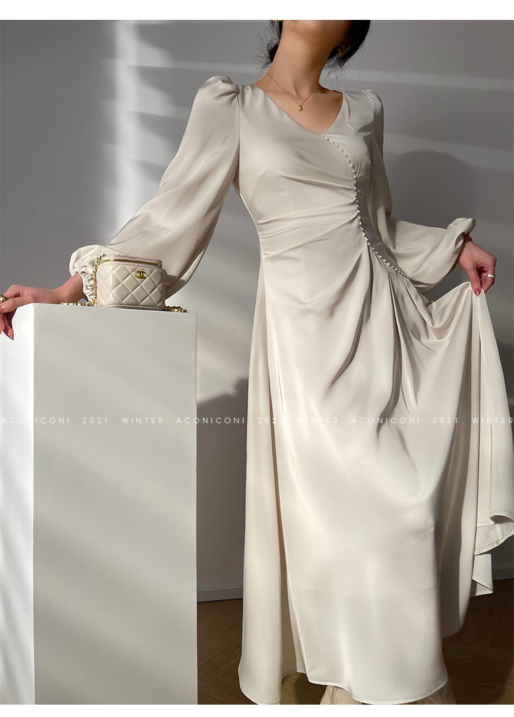 Aconiconi|Classic Simple French Tea Break Light Luxury High Sense Dress Long Skirt- Eloisa