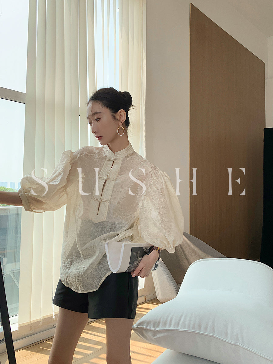 Sushe pattern embossed Chinese style buckle slim top shirt -iota