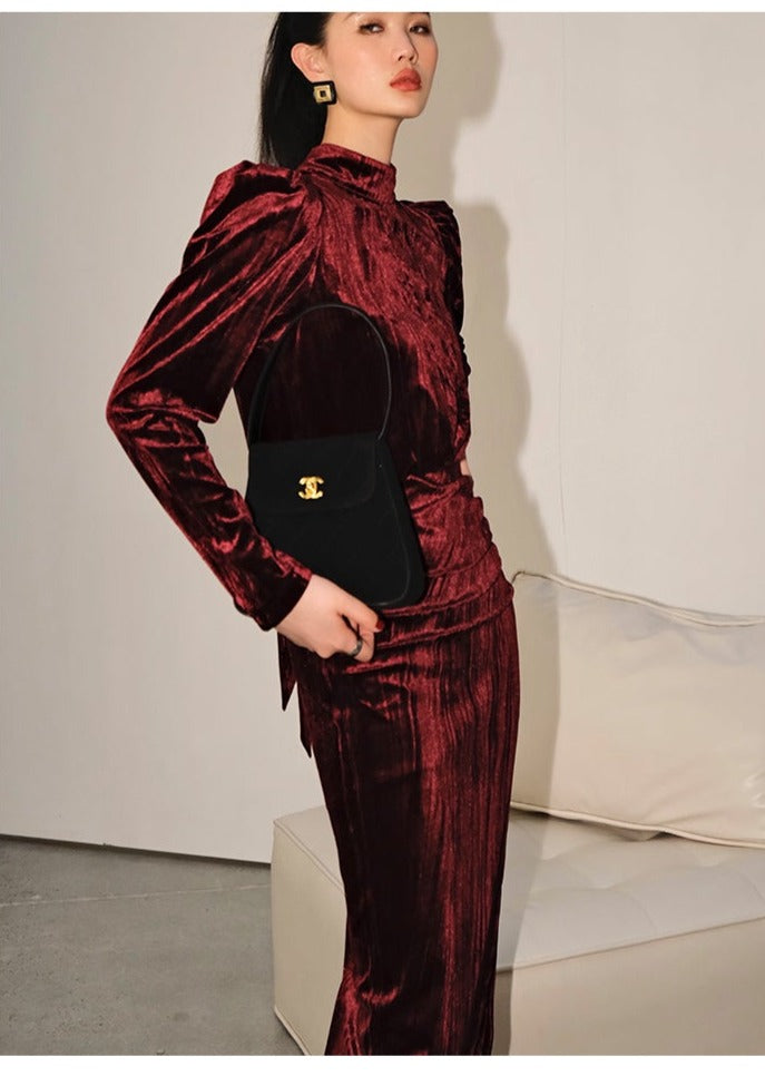 Vintage Retro highend half Turtleneck Side Slit Velvet dress - Kibeds Nissl Red 0 / Nissl Red Vintage Retro highend half Turtleneck Side Slit Velvet dress - Kibeds Nissl Red 0 / Nissl Red