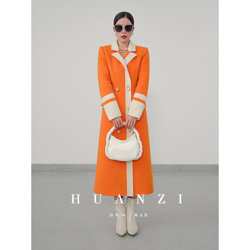 Huanzi high-grade contrasting color double-sided cashmere woolen coat new autumn and winter waist waist long- Trina