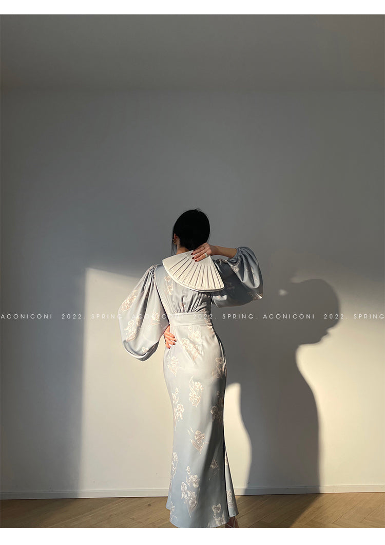 Aconiconi|kite white French elegant v-neck mid-length fishtail dress -Qingshan